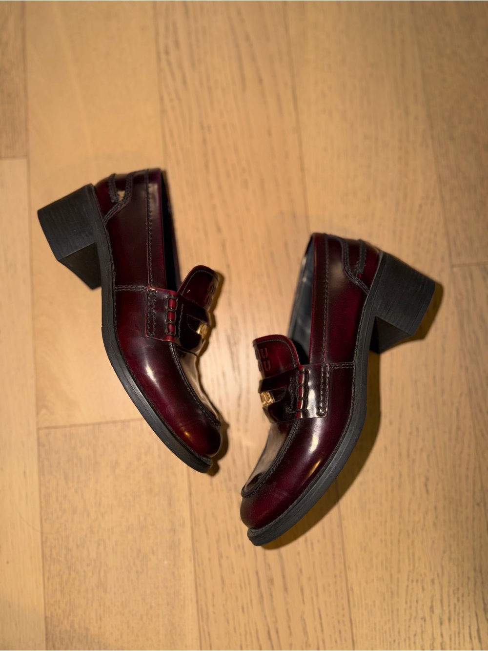 Miu Miu Women's Burgundy Leather Block Heel Loafers